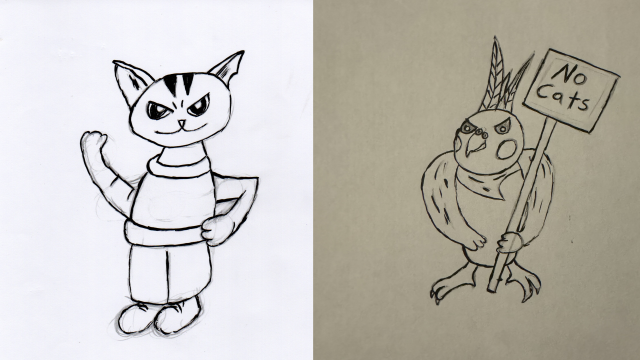 Rieman the Cat and Vertias the Cockatiel with a no Cats sign